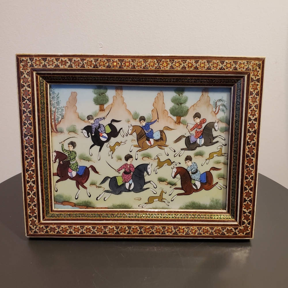 Vintage Iranian Persian Painting Hunting Scene Musicians Khatam Marquetry Frame